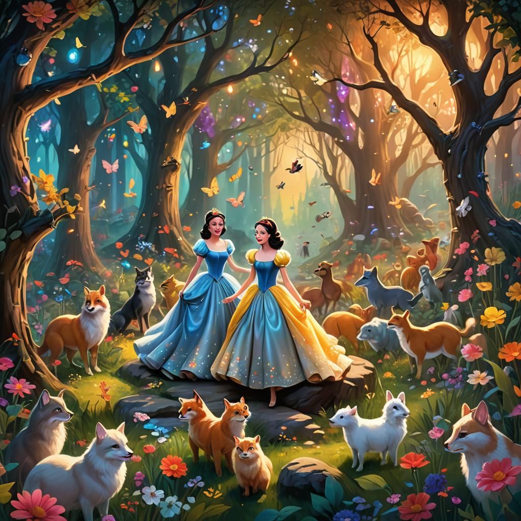 Cinderella and Snow White in Whimsical Forest