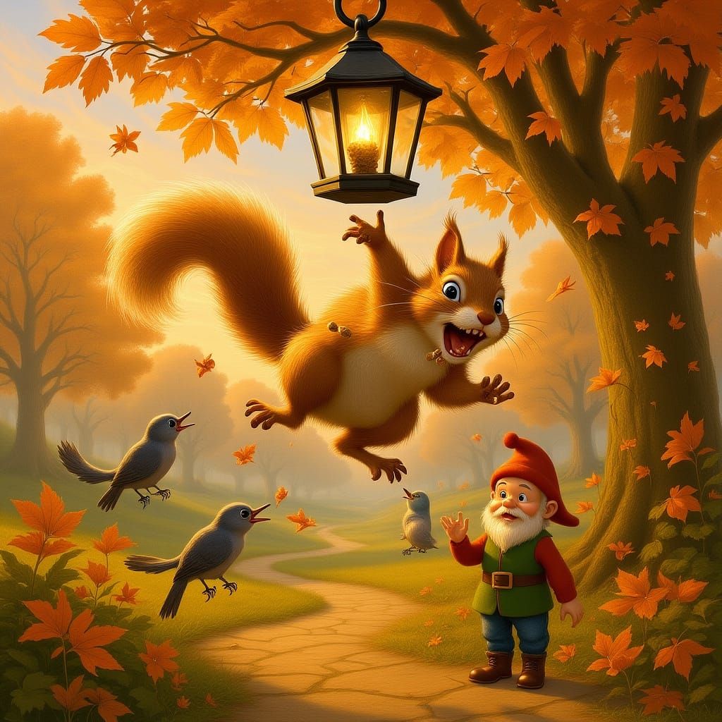 Whimsical Squirrel Steals Bird Feeder Seeds