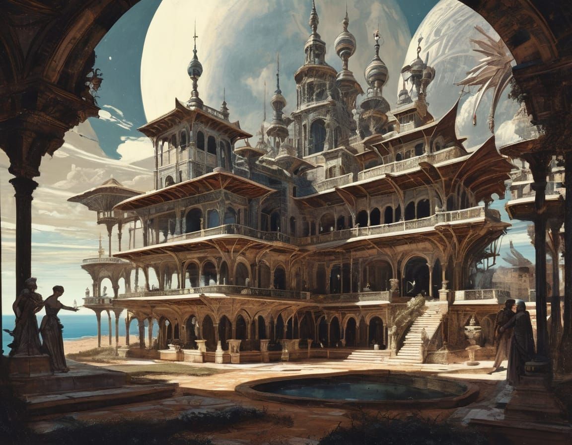 Minka Style Architecture in Dreamlike Chiaroscuro