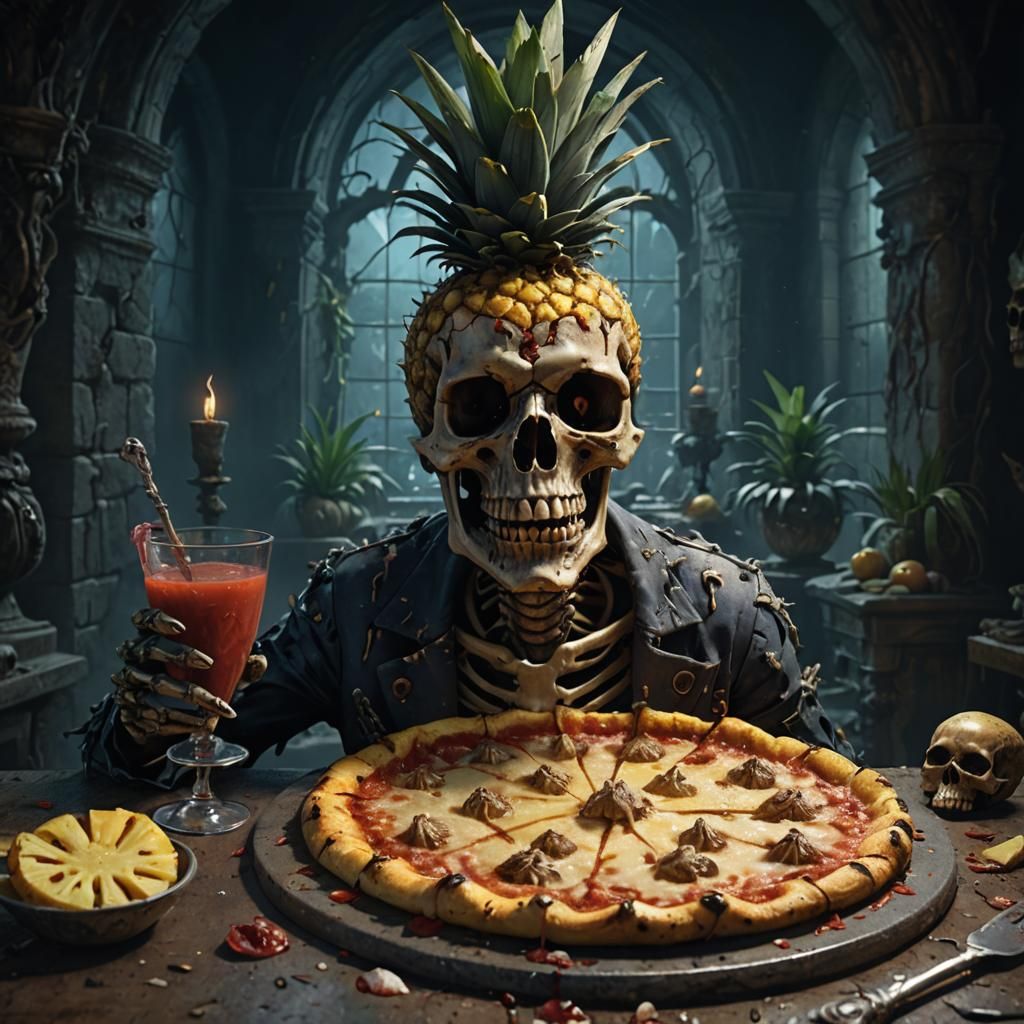 Creepy Pineapple Pizza Skull: Sinister Fantasy Art