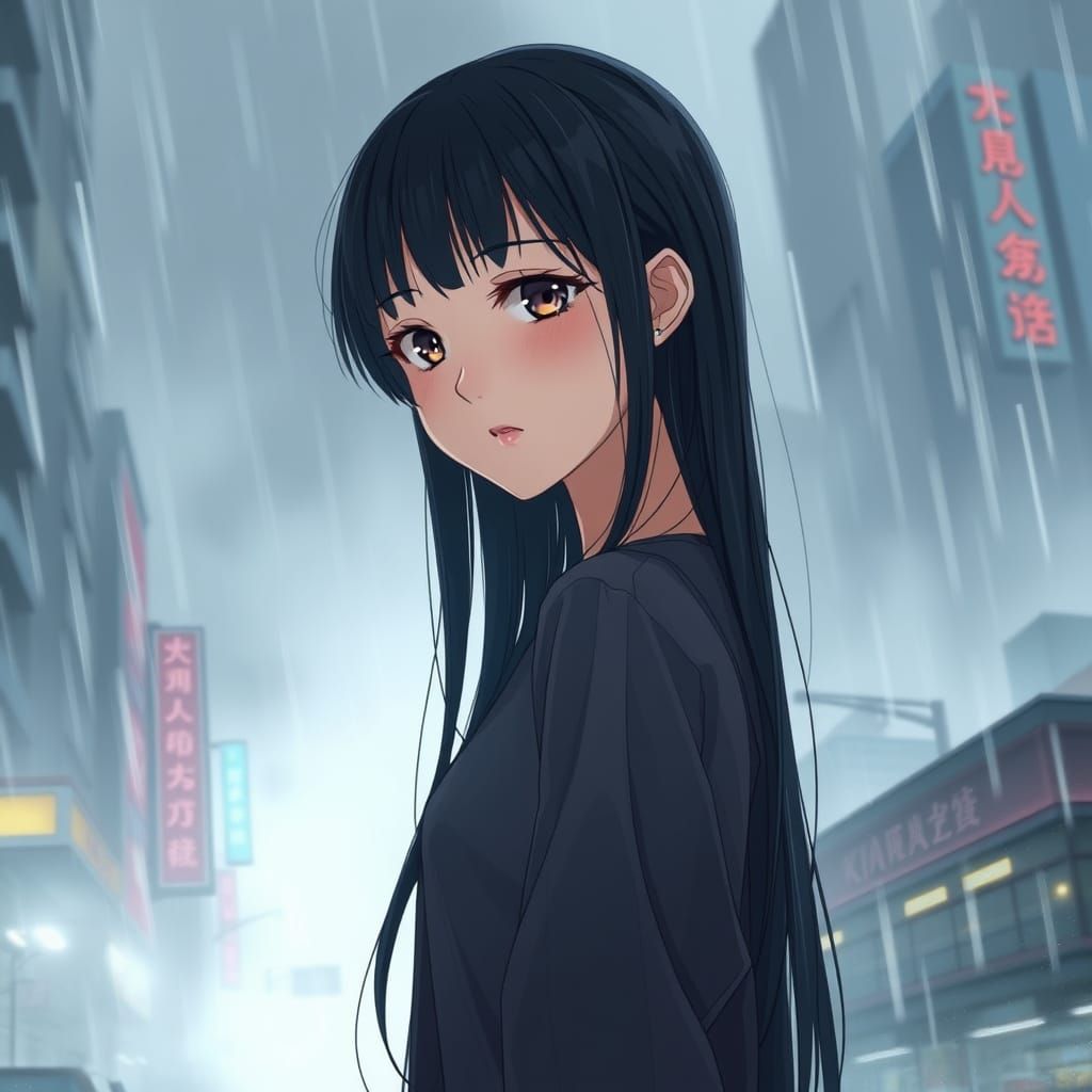 Chinese Girl in Rainy Cityscape Anime Style