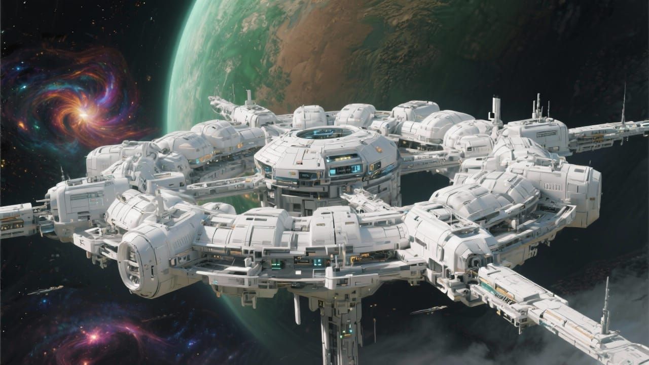 Futuristic Space Station Orbiting Distant Planet