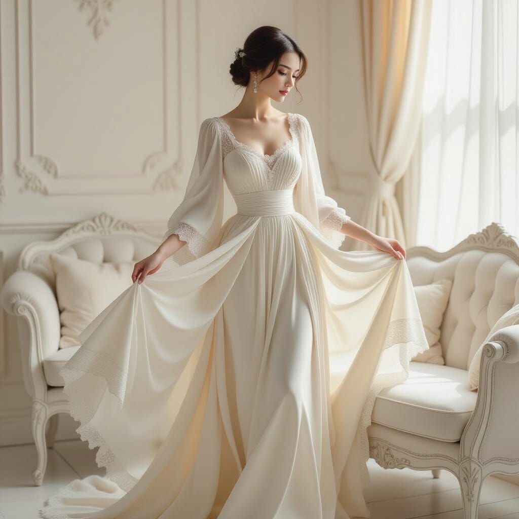 Victorian Lady in Cream Dress, Art Nouveau Style