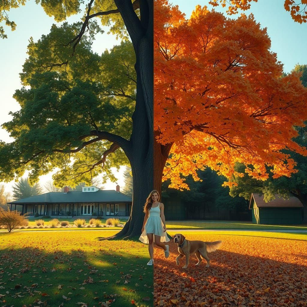 Tree Divided: Summer and Autumn Seasons