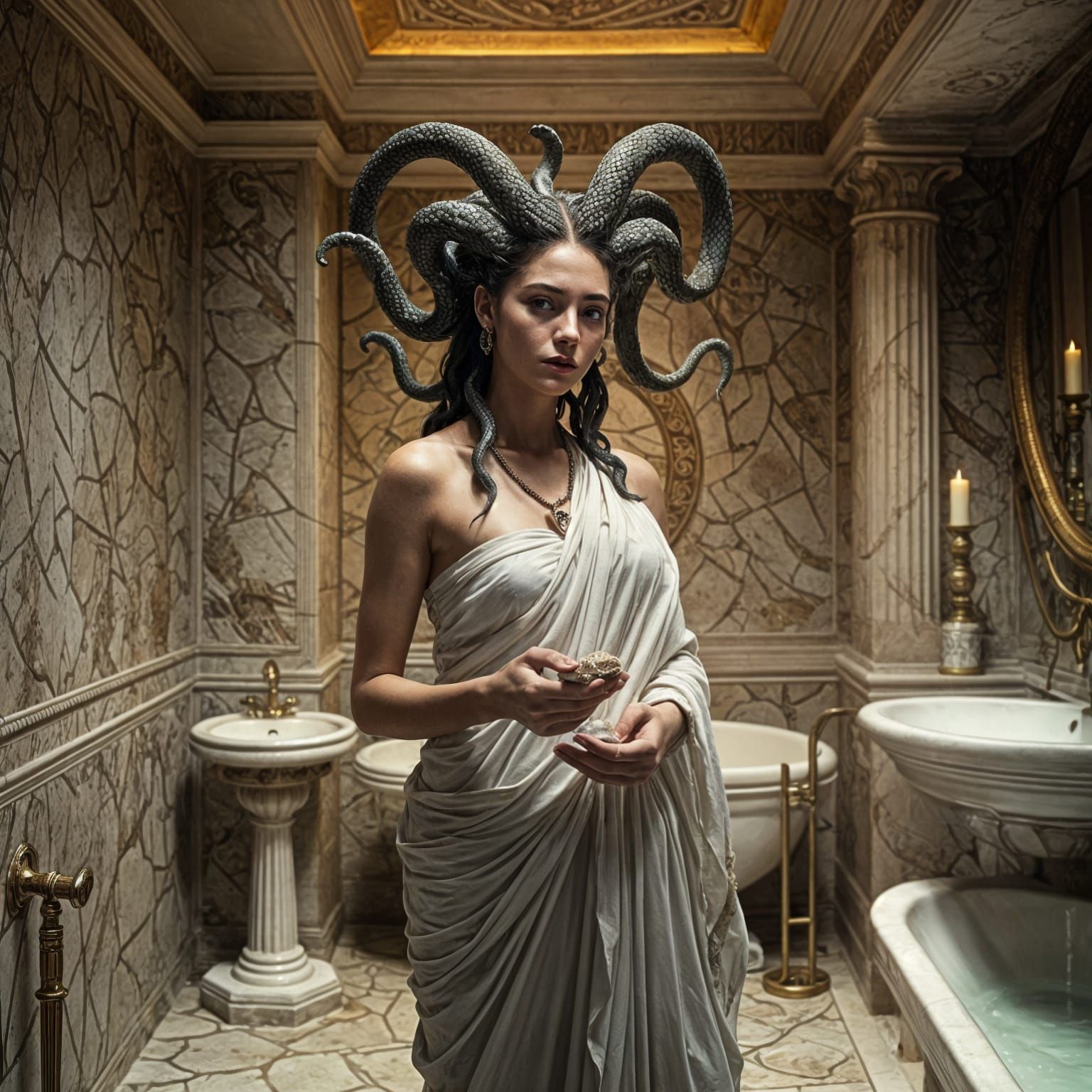 Medusa Goddess in Ancient Greek Bathroom Scene