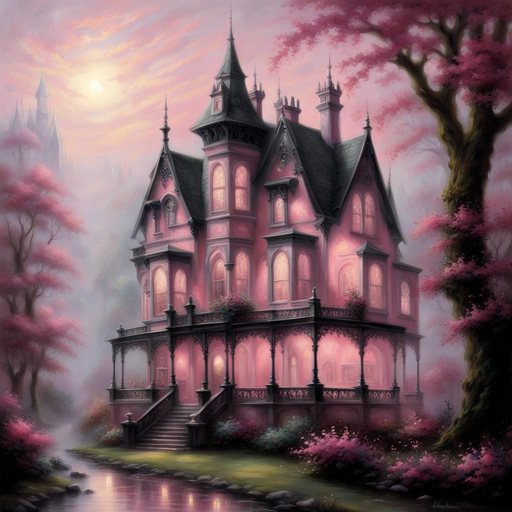 Ethereal Pink and Black Gothic Mansion in Mist