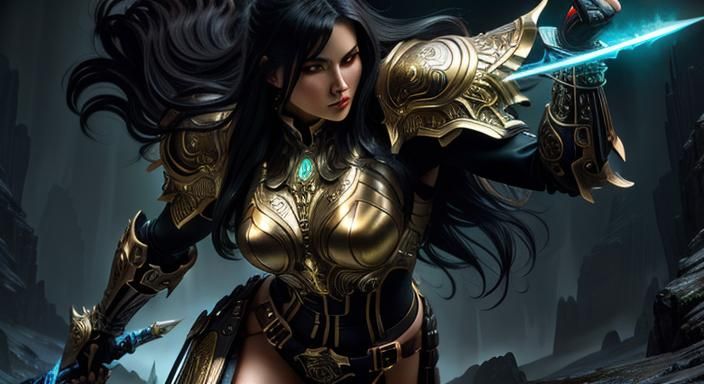 Female Warrior in Gold Armor: Surrealist Illustration