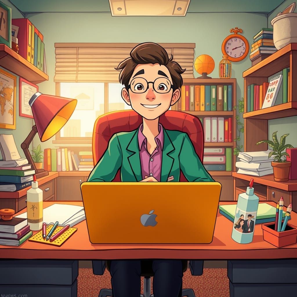 Happy Worker in Miyazaki-esque Office Setting