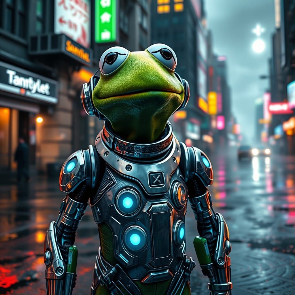 Metallic Frog in Dystopian Cityscape
