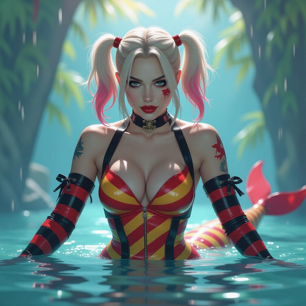Harley Quinn Mermaid Warrior in Painterly Double Exposure