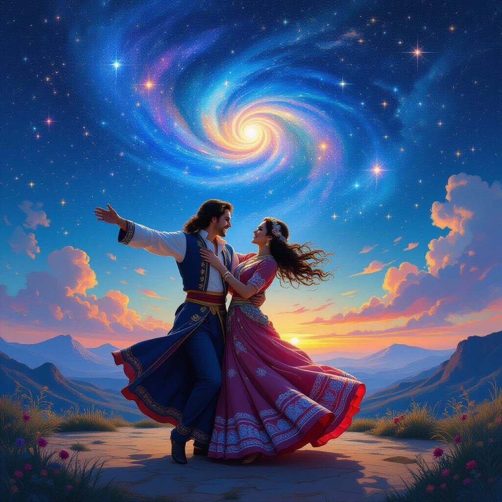 Couple Dancing Under Cosmic Stars Oil Painting