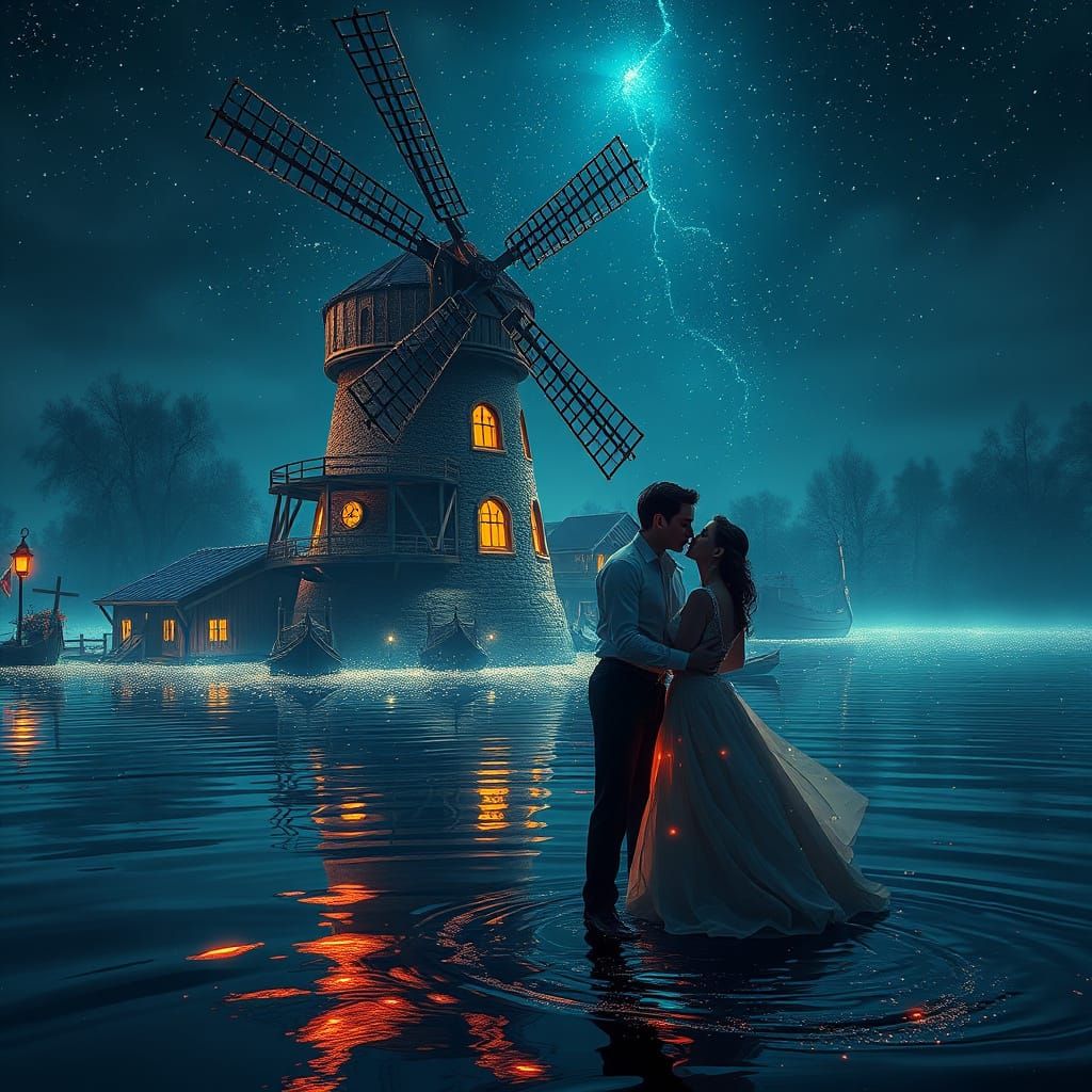 Whimsical Watermill Under Starlight: A Dreamy Couple's Kiss