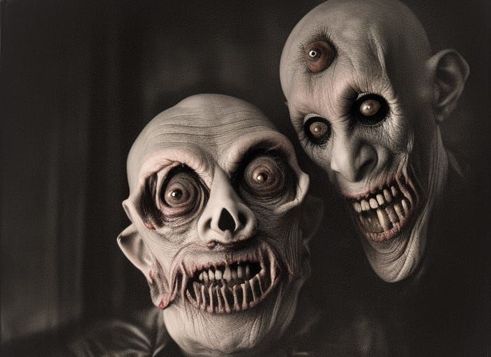 Grotesque Figures in Dark Cavern: Hyperrealistic Daguerreoty...