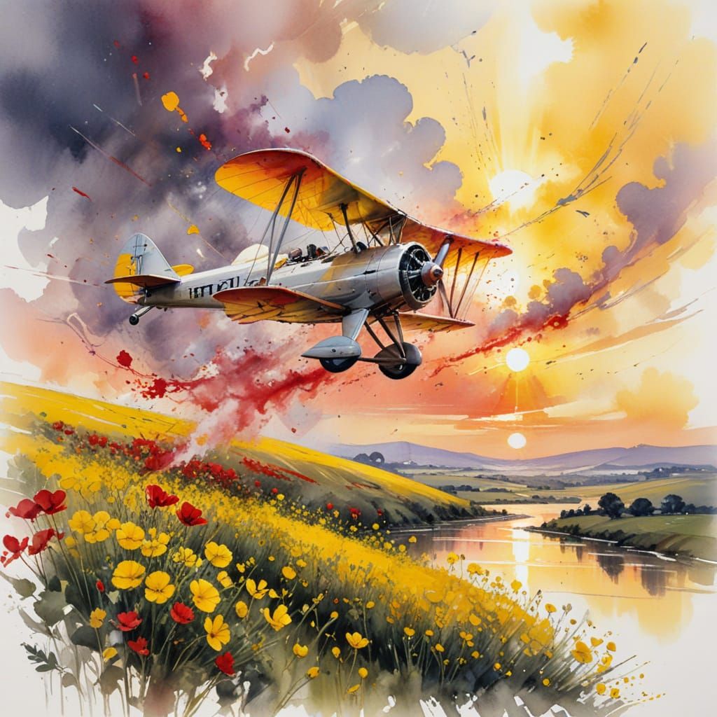 Biplane Trails Smoke Above Canola Field at Sunset