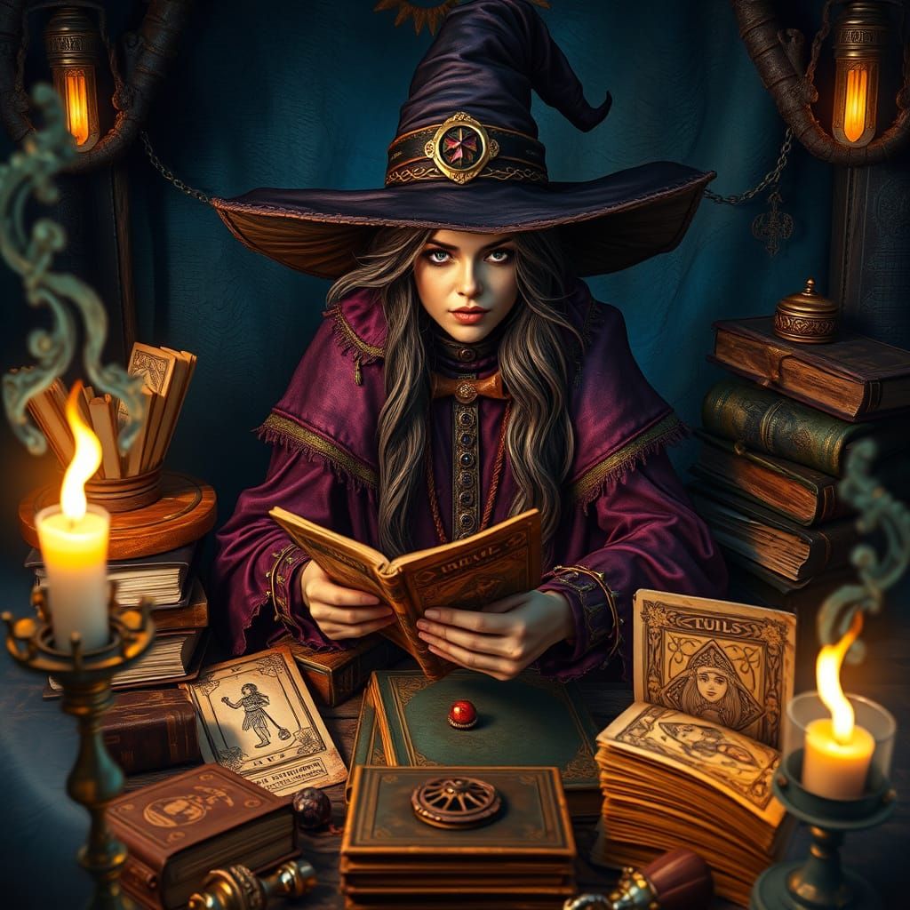 Mystical Witch Amidst Ancient Tarot Cards and Spell Books