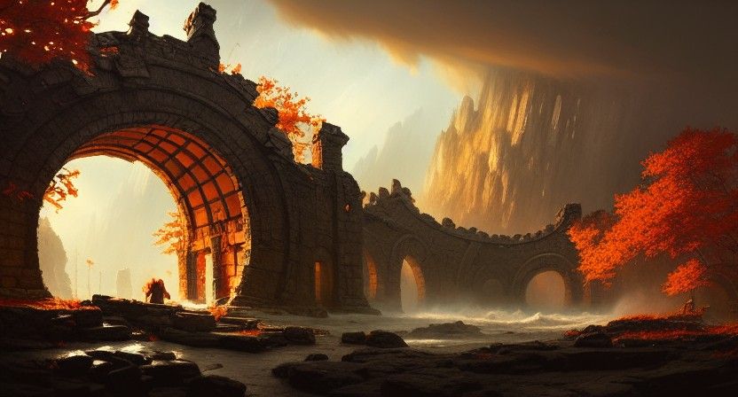 Dragons Battle at Magic Portal in Autumn Storm