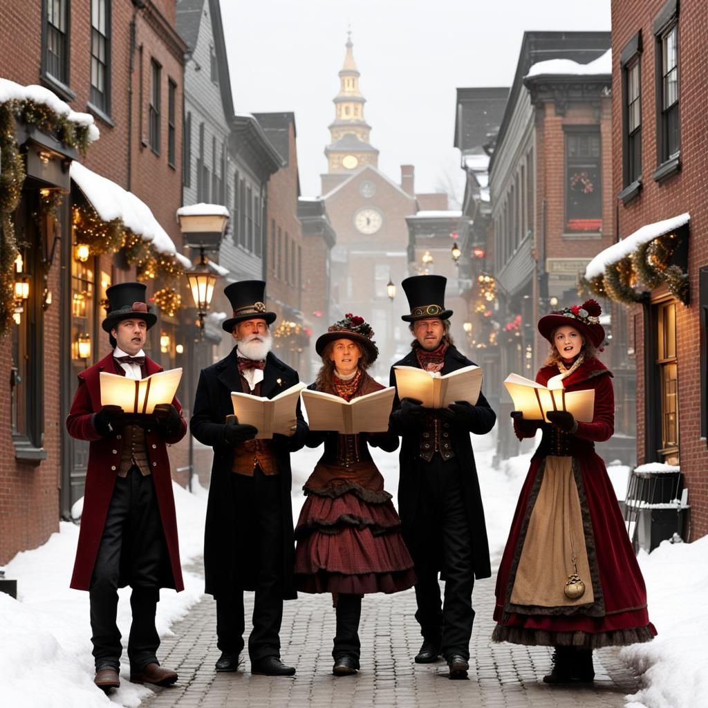 Steampunk Christmas Carolers on Cobblestone Street