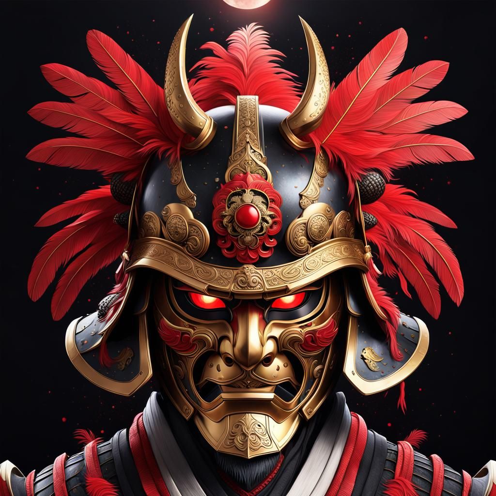 A samurai helmet with a golden crescent in the center and red ornamental crests with bright red feathers surrounded by r...