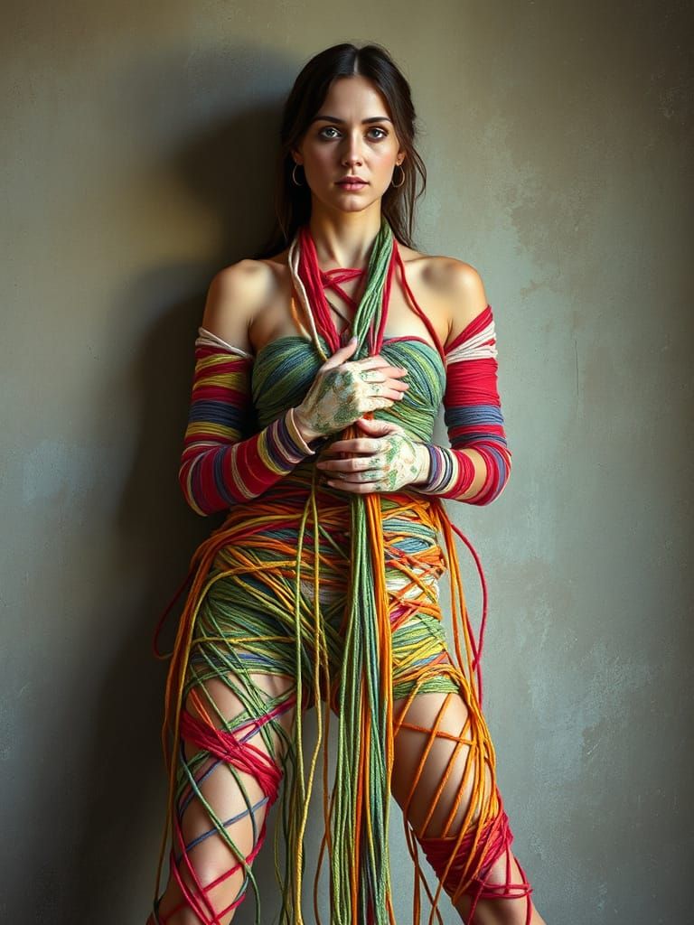 Yarn Woman Knitting Herself: Mucha, Waterhouse Fusion