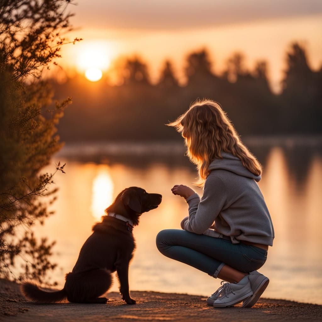 Girl and Dog Watching Sunset: Professional Photography