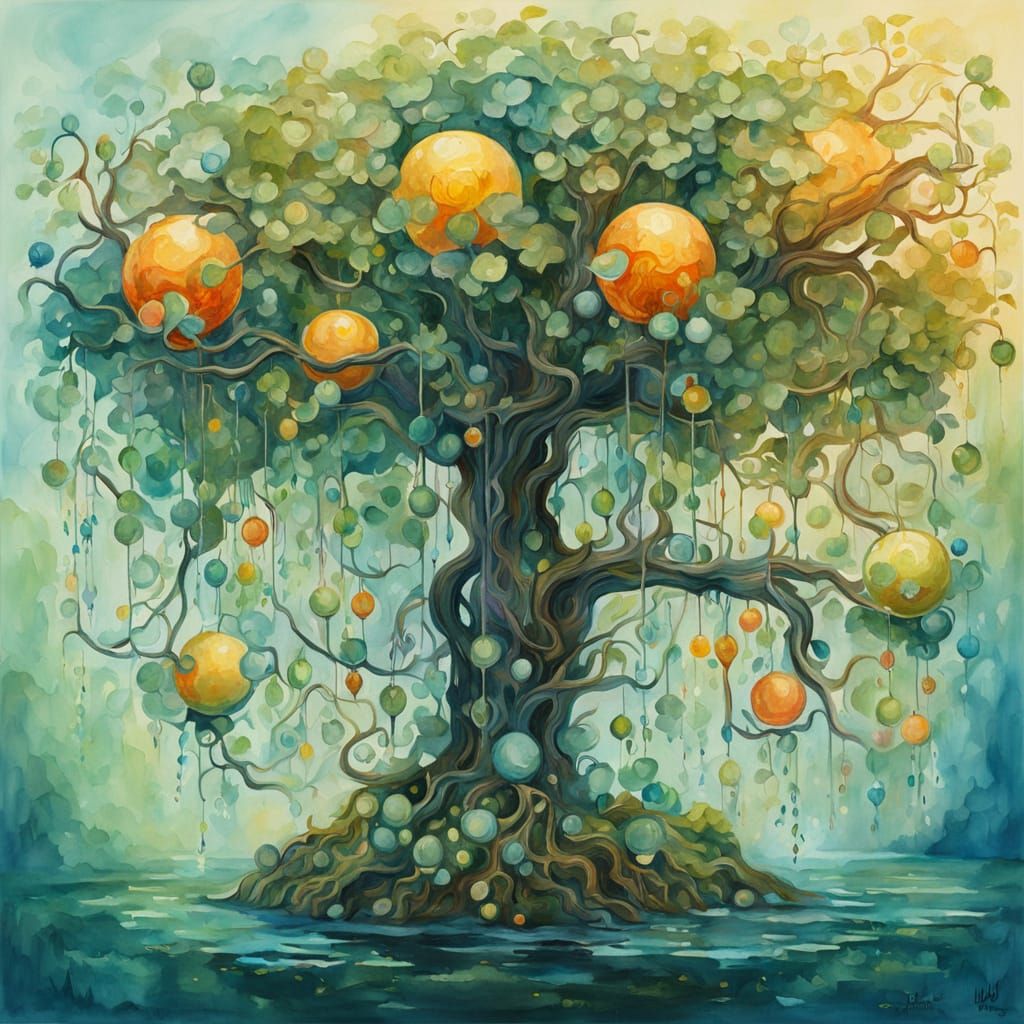 Ethereal Gouache Masterpiece of a Mechanical Tree with Lumin...
