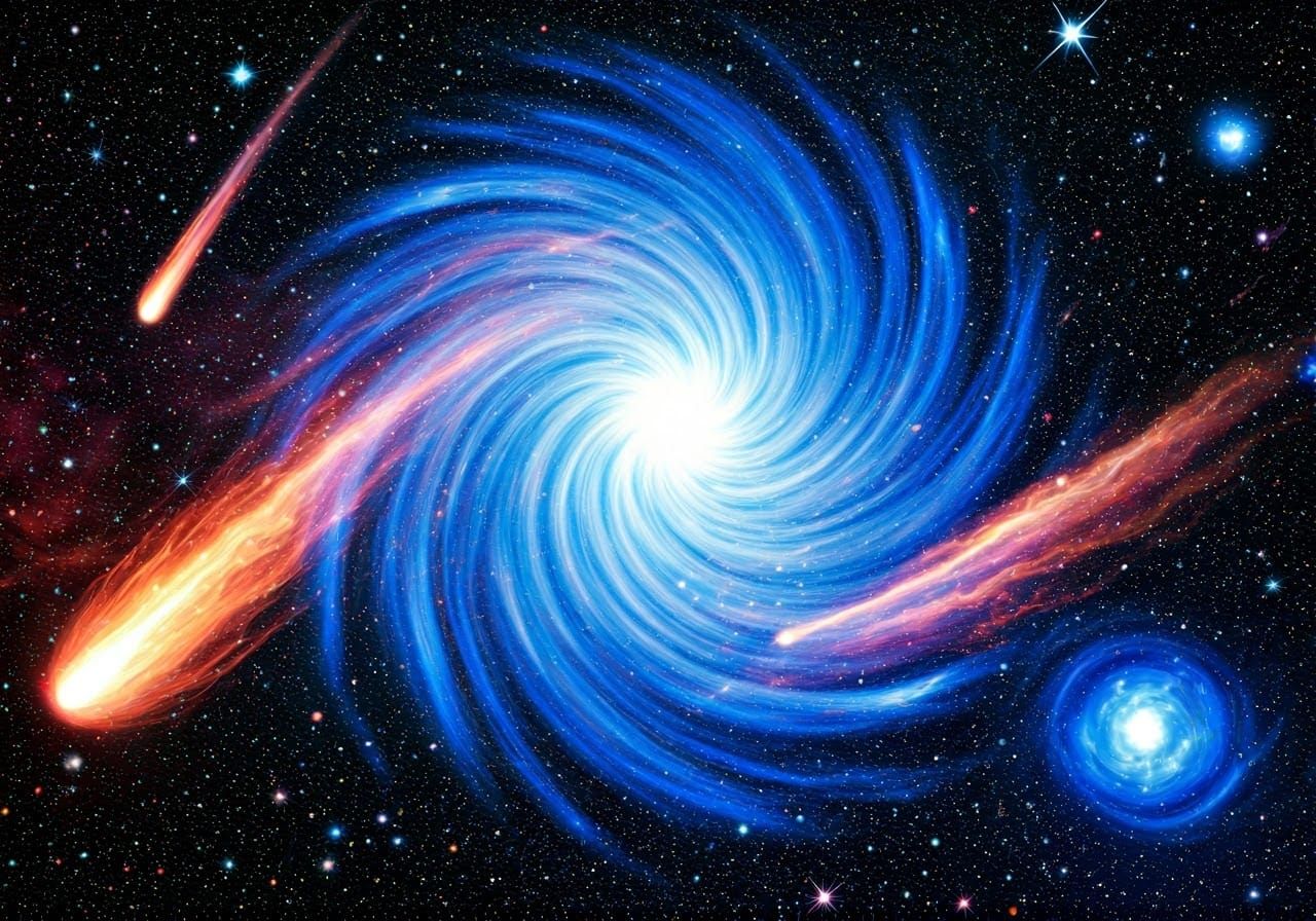 Mystical Creatures Soaring Through Electric Blue Star Galaxy