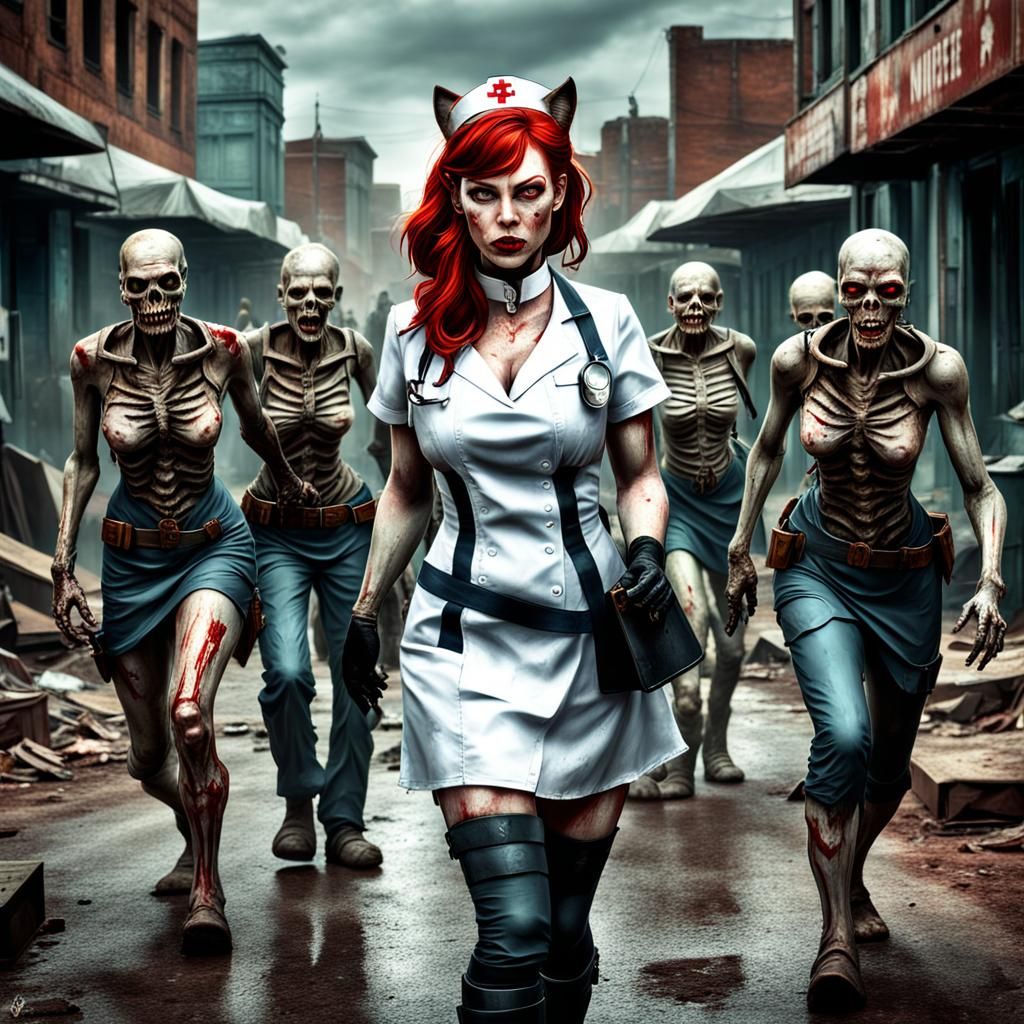 Catwoman Nurse in Apocalyptic Zombie Town: Hyperrealistic HD...