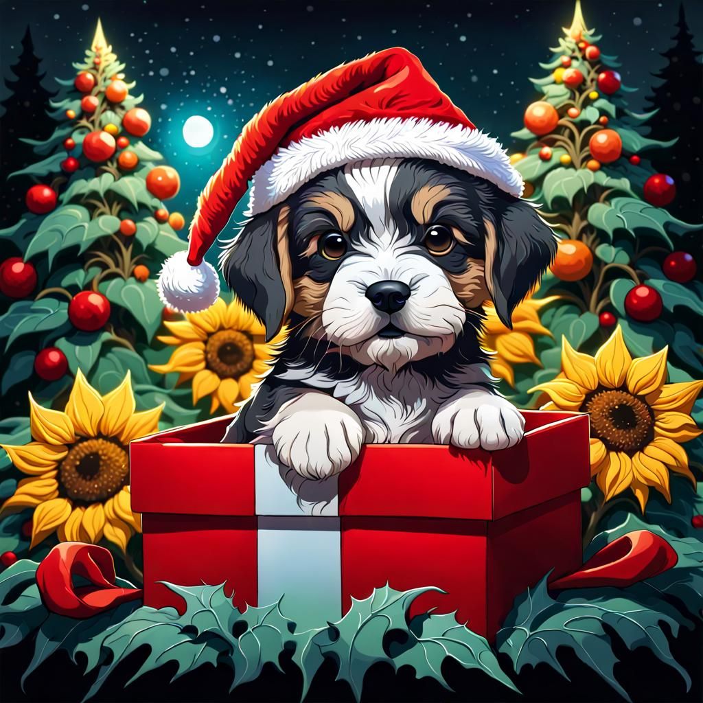 Festive Christmas cute puppy with sunflowers