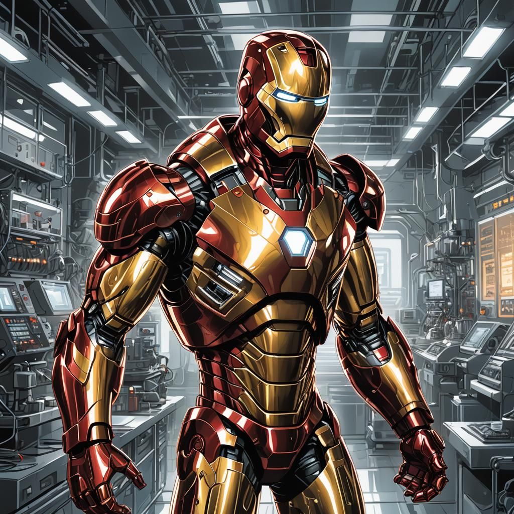 Ironman in High-Tech Lab: Dynamic Comic Book Art