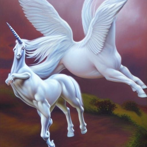 White Unicorn with Wings as Oil Painting