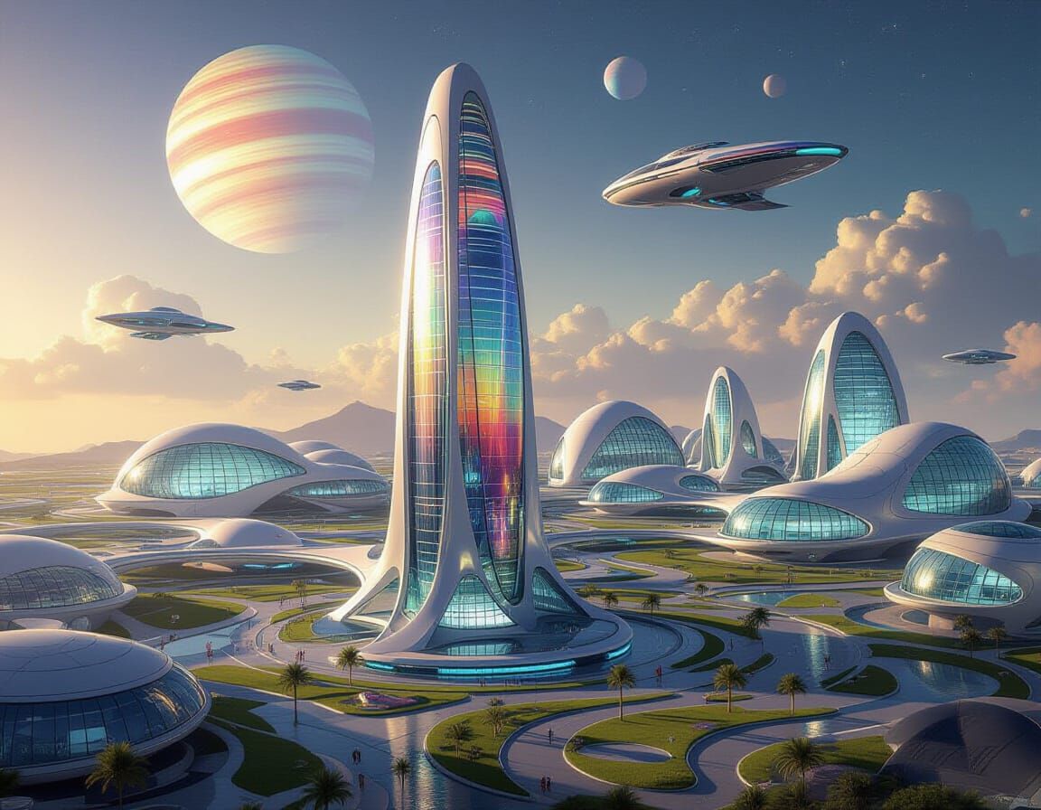 Futuristic Alien City with Rainbow Vegetation in Synthwave S...