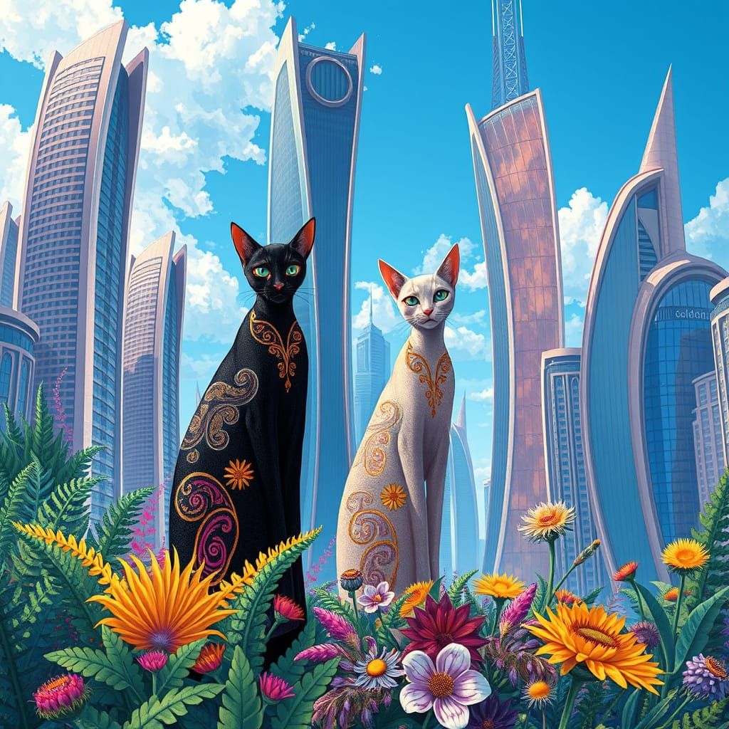 Stylized Cats in Futuristic Cityscape, Digital Illustration