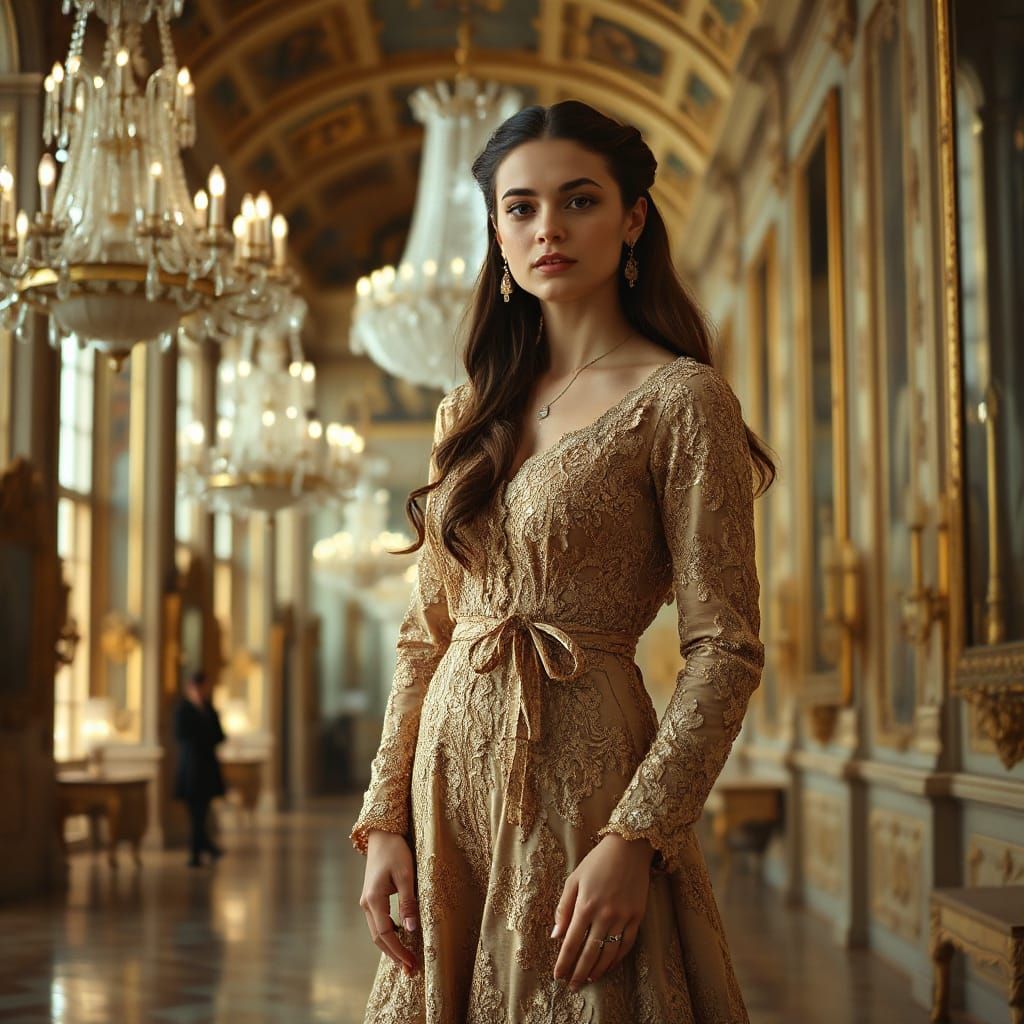 Woman in Gold Dress at Versailles, Art Nouveau Style