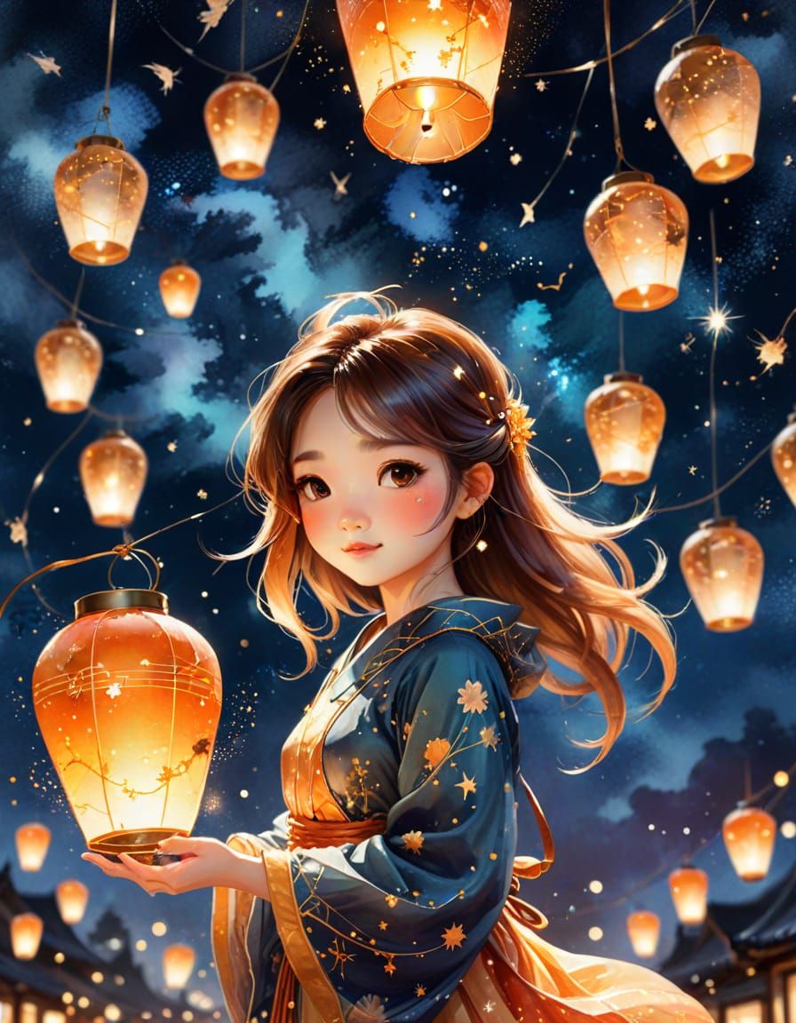 Chibi Girl Releases Lantern: Watercolor Digital Art