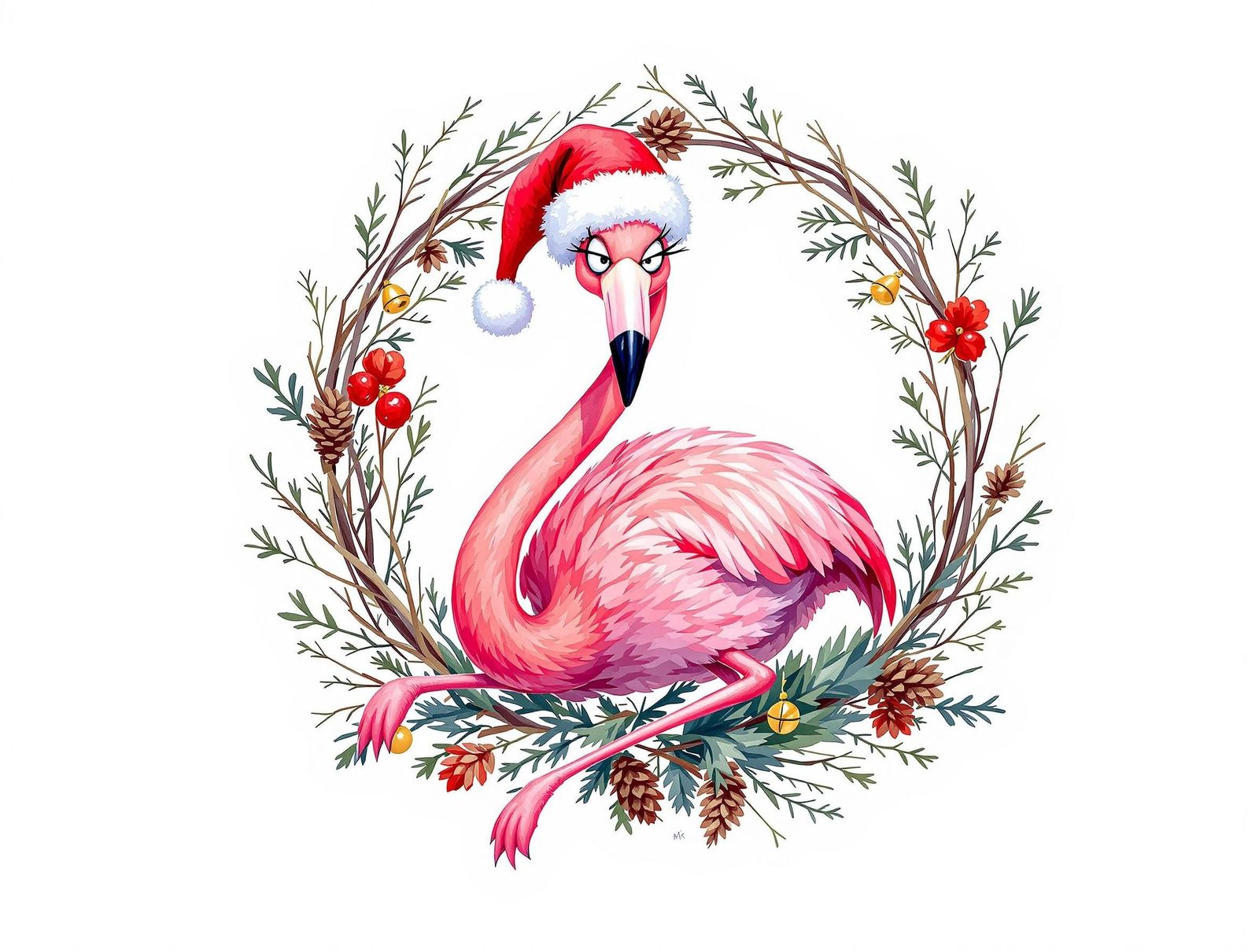 Whimsical Flamingo in Santa Hat, Digital Illustration