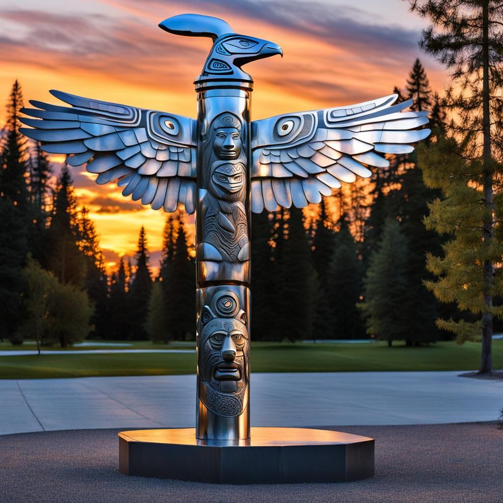 Stainless Steel Totem Sculpture at Dusk in Magic Realism