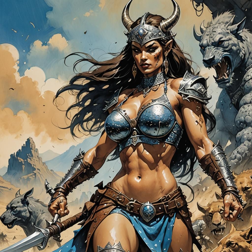 Kangaroo Barbarian Princess in Frazetta Fantasy Style