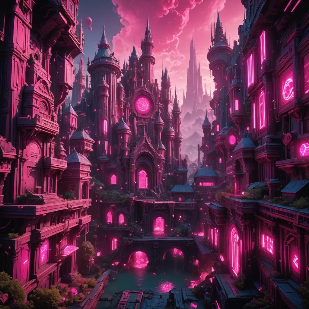 Neon Pink Castle: Detailed Fantasy Concept Art