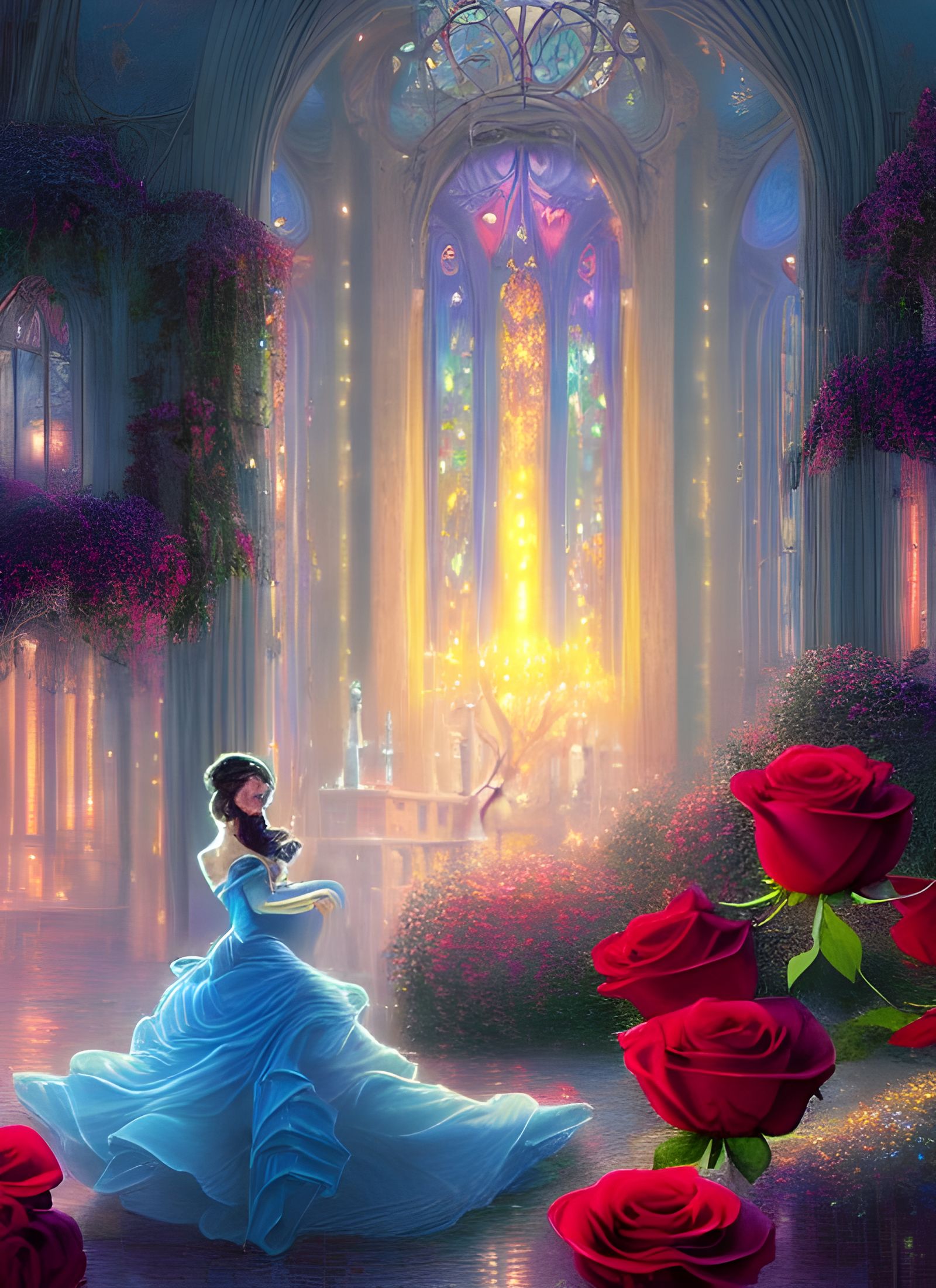 Enchanted Rose in Crystalline Glass, Art Nouveau Style