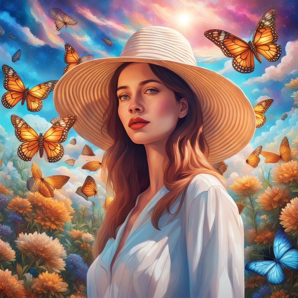 Woman in Butterfly Garden: Cosmic Surrealist Illustration