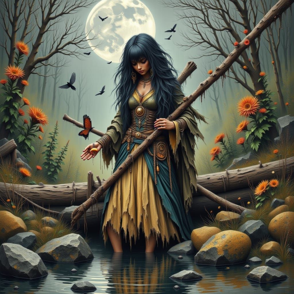 Ethereal River Witch in Flowing Waters