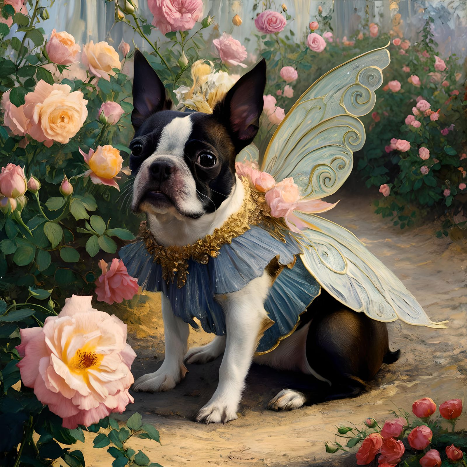 Boston Terrier Fairy in Rose Garden, Impressionistic Style