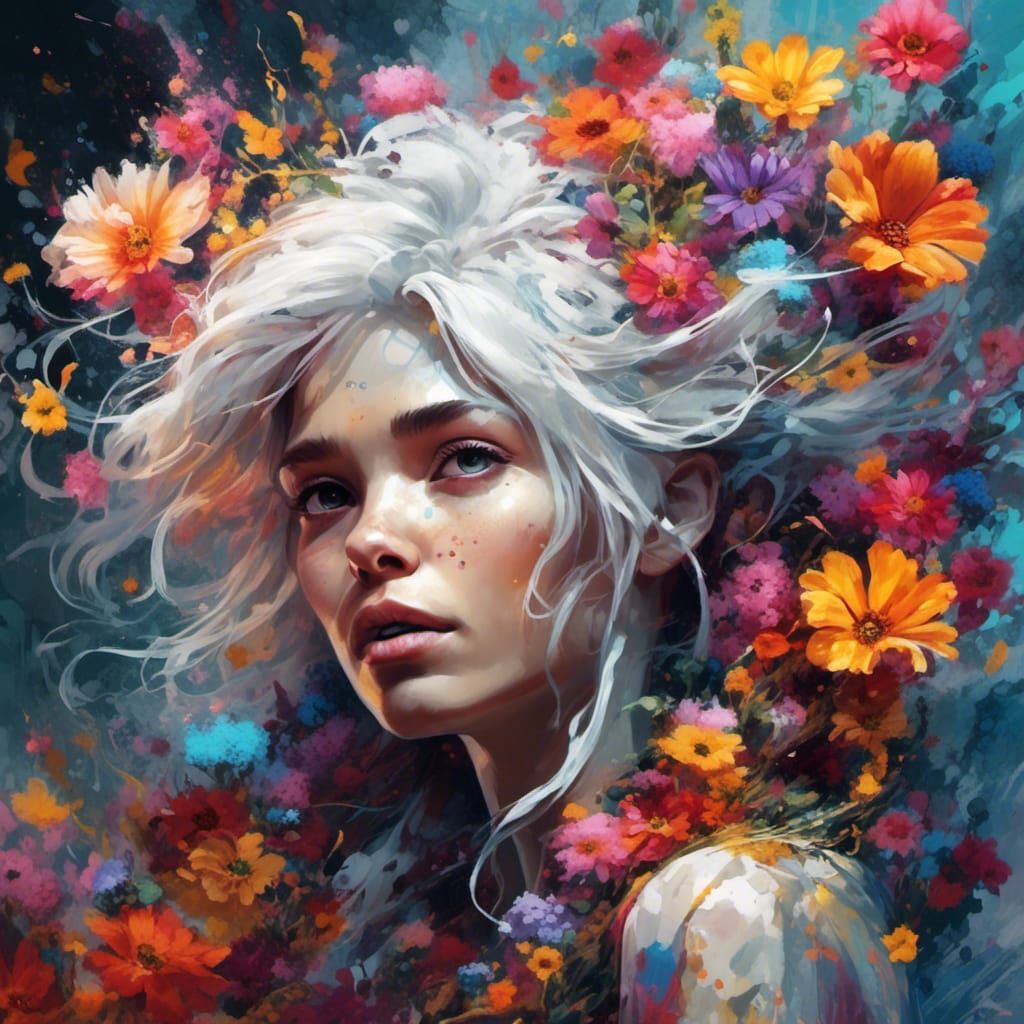 Floral Fairy with White Hair in Graffiti Art Style