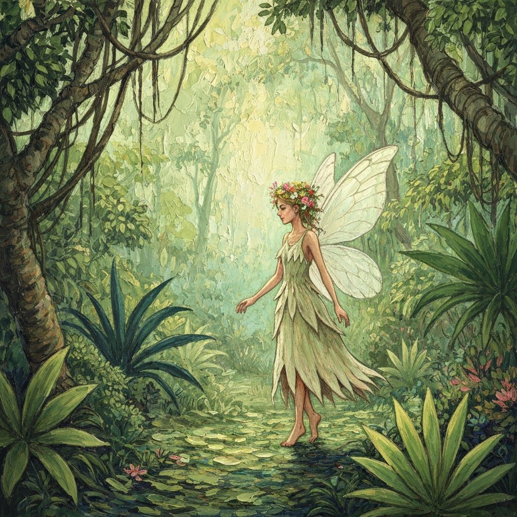Fairy in Storybook Jungle with Flower Hair Impasto Painting