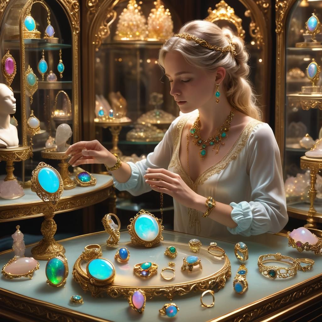 Magical Jeweler Arranges Opals and Tourmalines: Fantasy Art