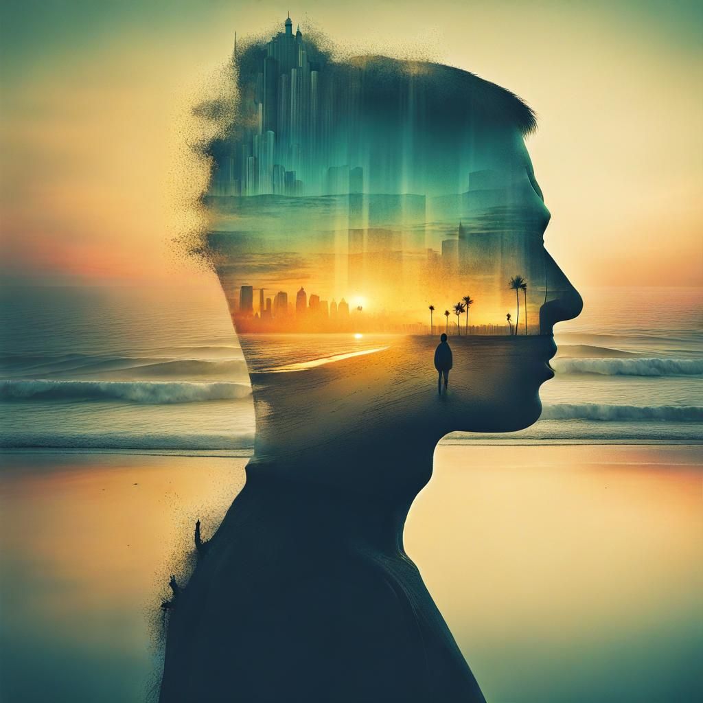 Surreal Double Exposure: City Meets Beach at Sunset