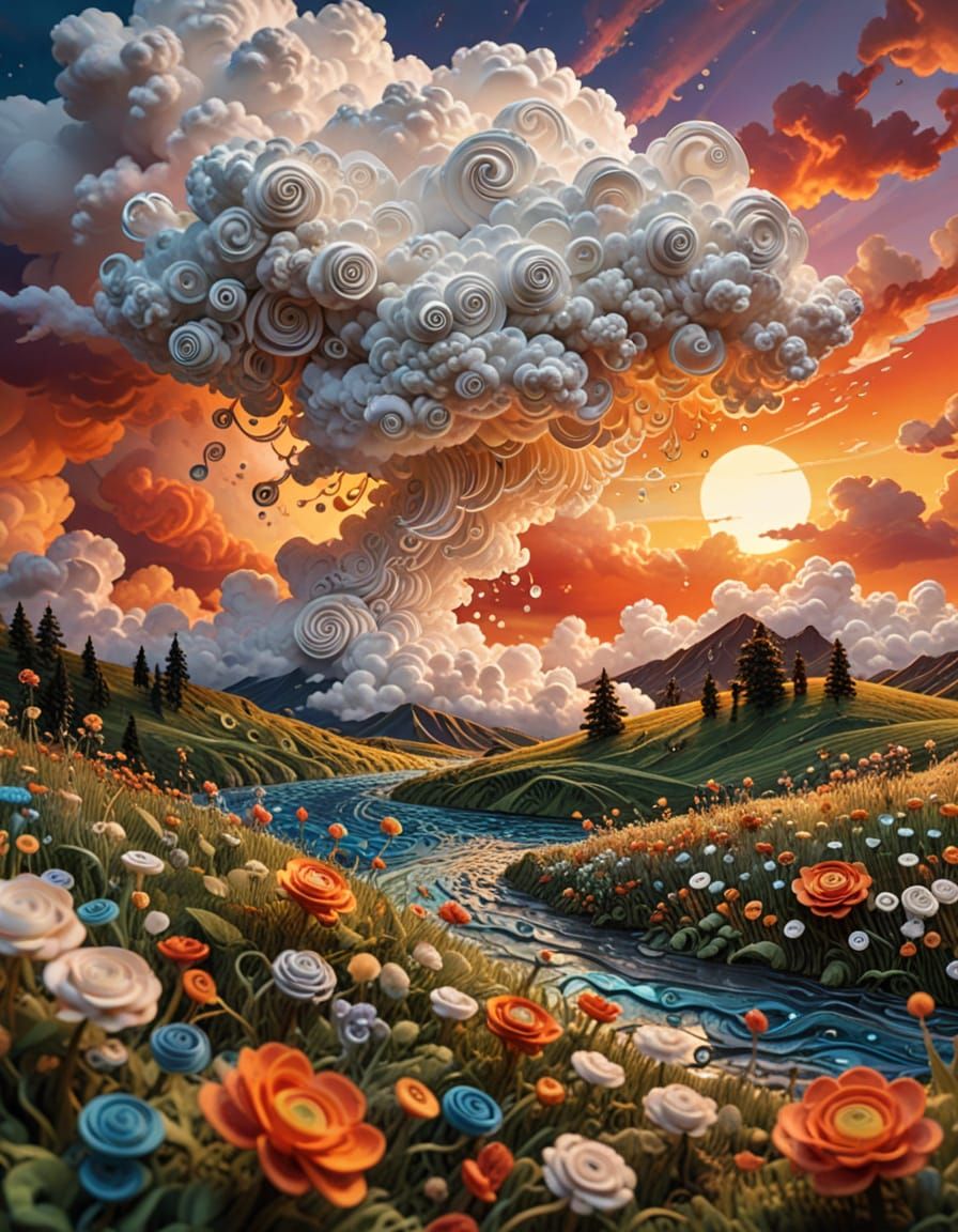 Cumulus Clouds Illuminated by Sunset in Paper Quilling Style