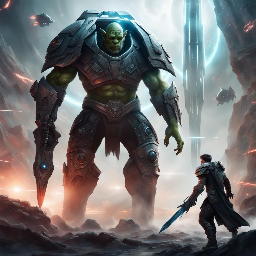 Futuristic Orc vs Sci-Fi Hero: Epic Battle