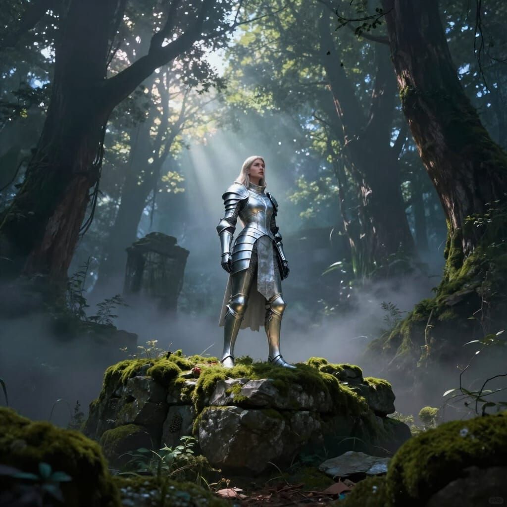 Warrior Woman on Ruin Overlooking Twilight Forest