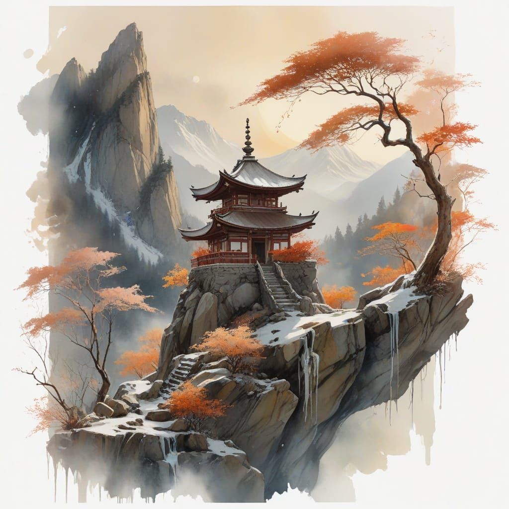 Golden Hour at Snow-Dusted Mountain Temple